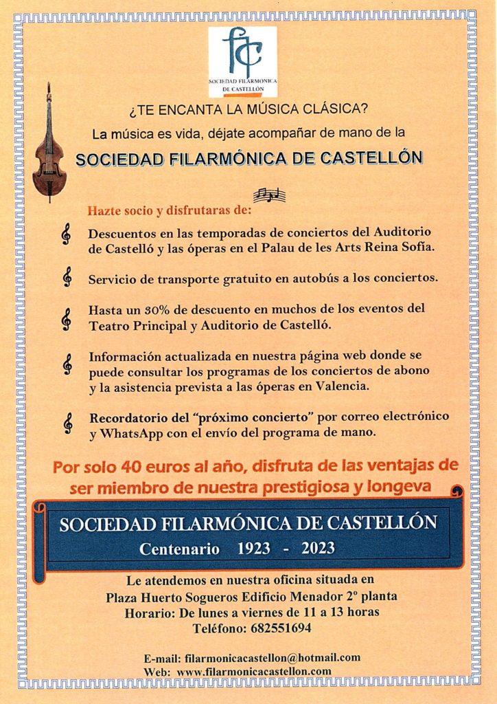 HAZTE SOCIO! Conoce nuestras principales ventajas y servicios de ser socio de la Sociedad Filarmónica de Castellón